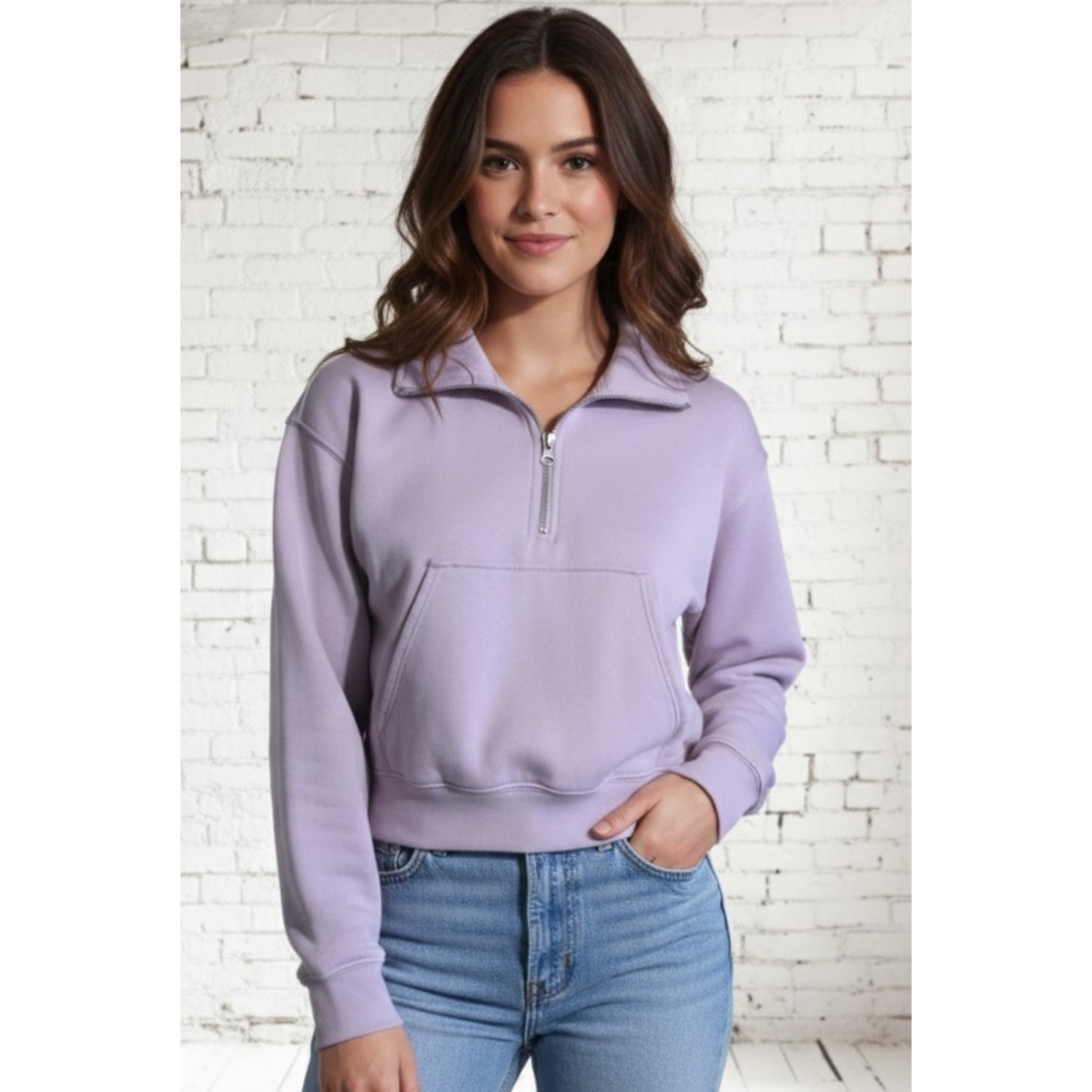 Divided Quarter Zip Cropped Sweatshirt Light Purple Size XS